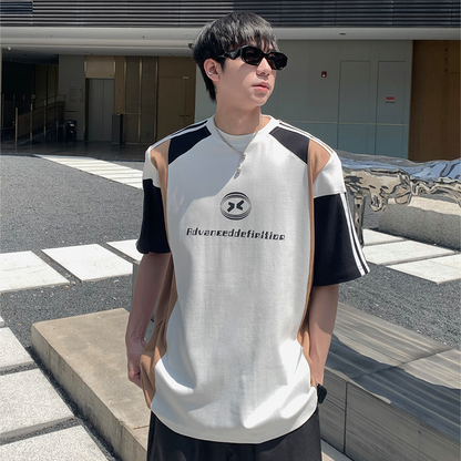 Patchwork Contrast Detachable Shoulder-pad Oversize Short Sleeve T-Shirt WN25268