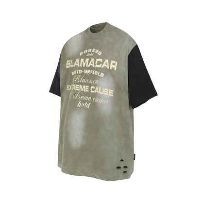 Letter Print Patchwork Wash Damage Short Sleeve T-Shirt WN25598