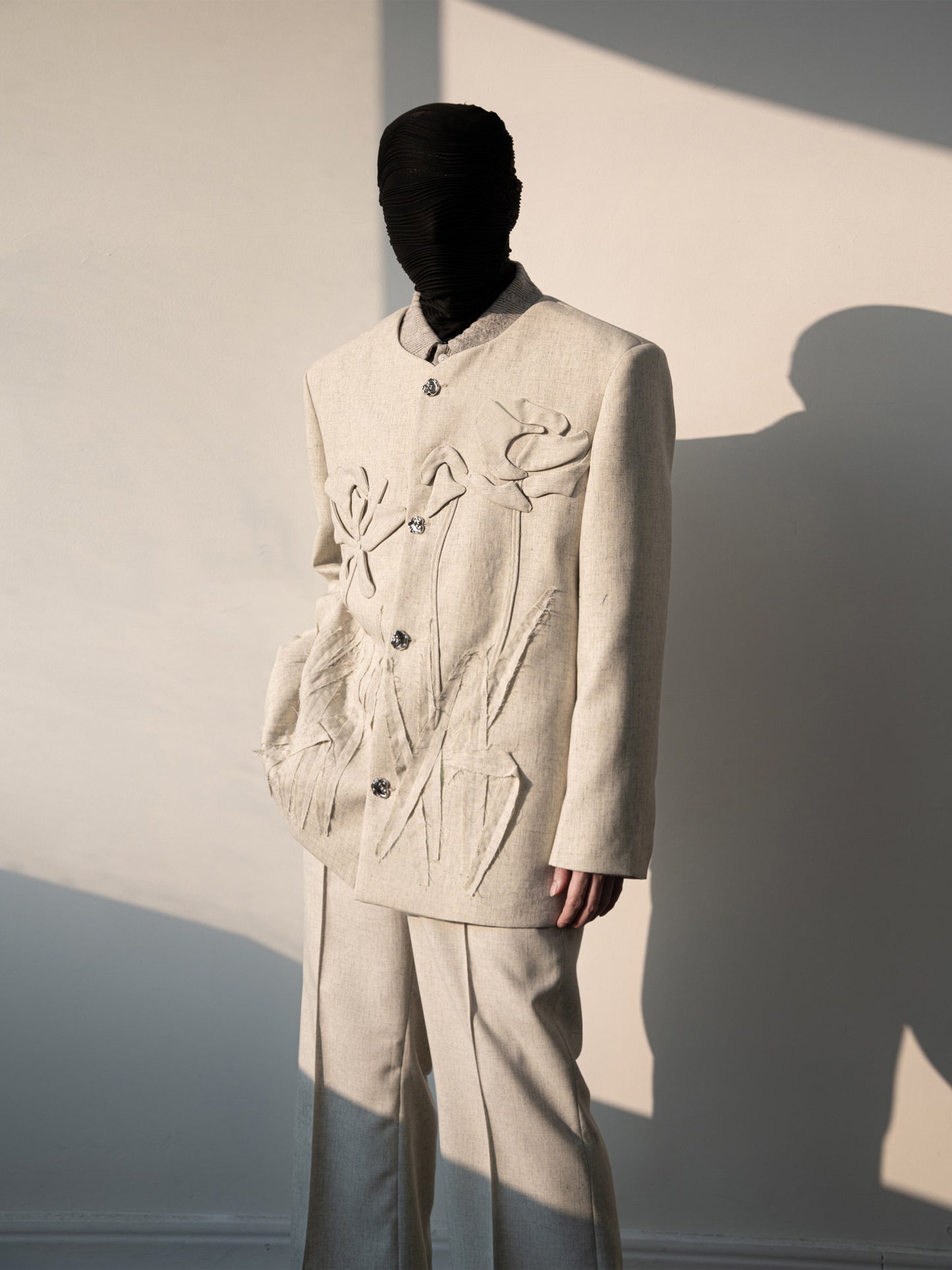 3D Floral Applique Collarless Jacket & Wide-Leg Trousers Setup WN23642