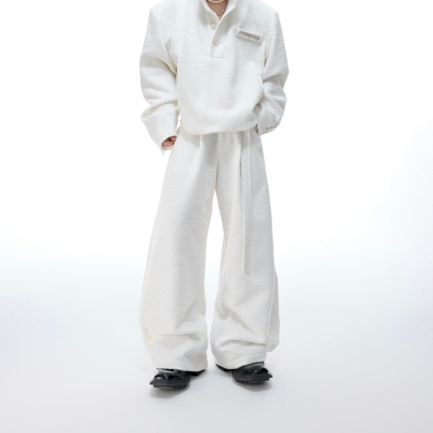 Pearl Button Textured Jacket & Wide Leg Pants Setup WN20529