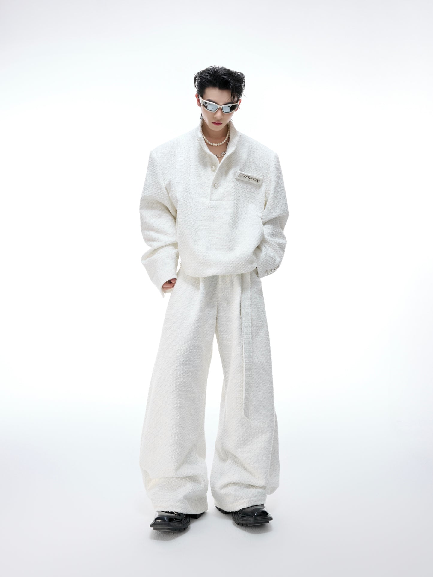 Pearl Button Textured Jacket & Wide Leg Pants Setup WN20529