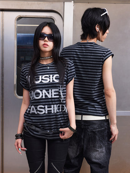 Stripe Letter Logo Print Short Sleeve T-Shirt WN27226