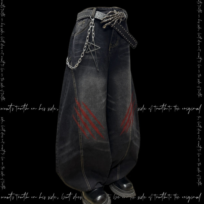 Washed Whisker Scratch Wide Leg Denim Jeans & Belt & Chain WN20117