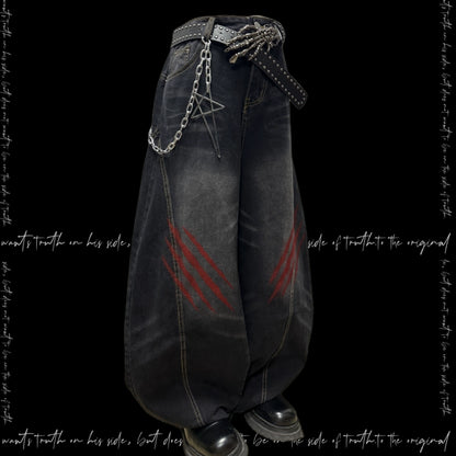 Washed Whisker Scratch Wide Leg Denim Jeans & Belt & Chain WN20117