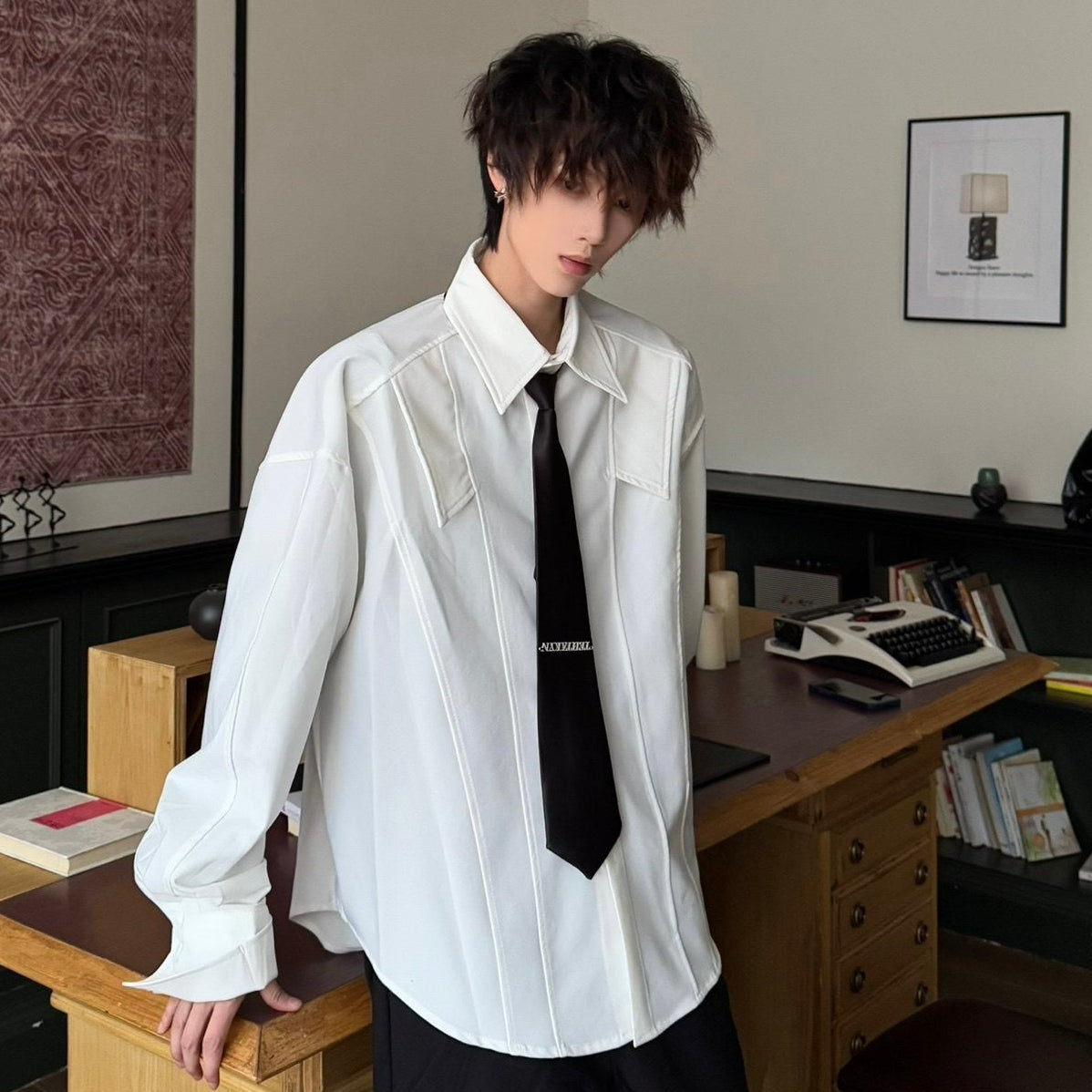 Shoulder-Pad Drapey Long Sleeve Shirt WN23179