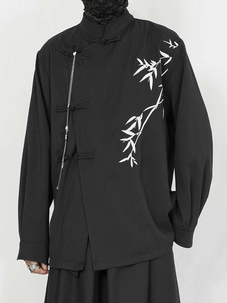 Standing-Collar Frog Button Bamboo Embroidery Long Sleeve Shirt WN20157