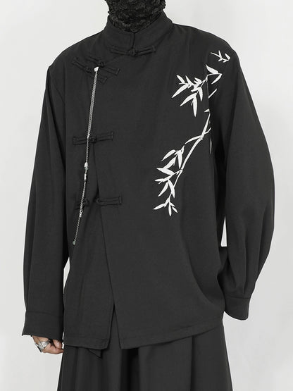 Standing-Collar Frog Button Bamboo Embroidery Long Sleeve Shirt WN20157