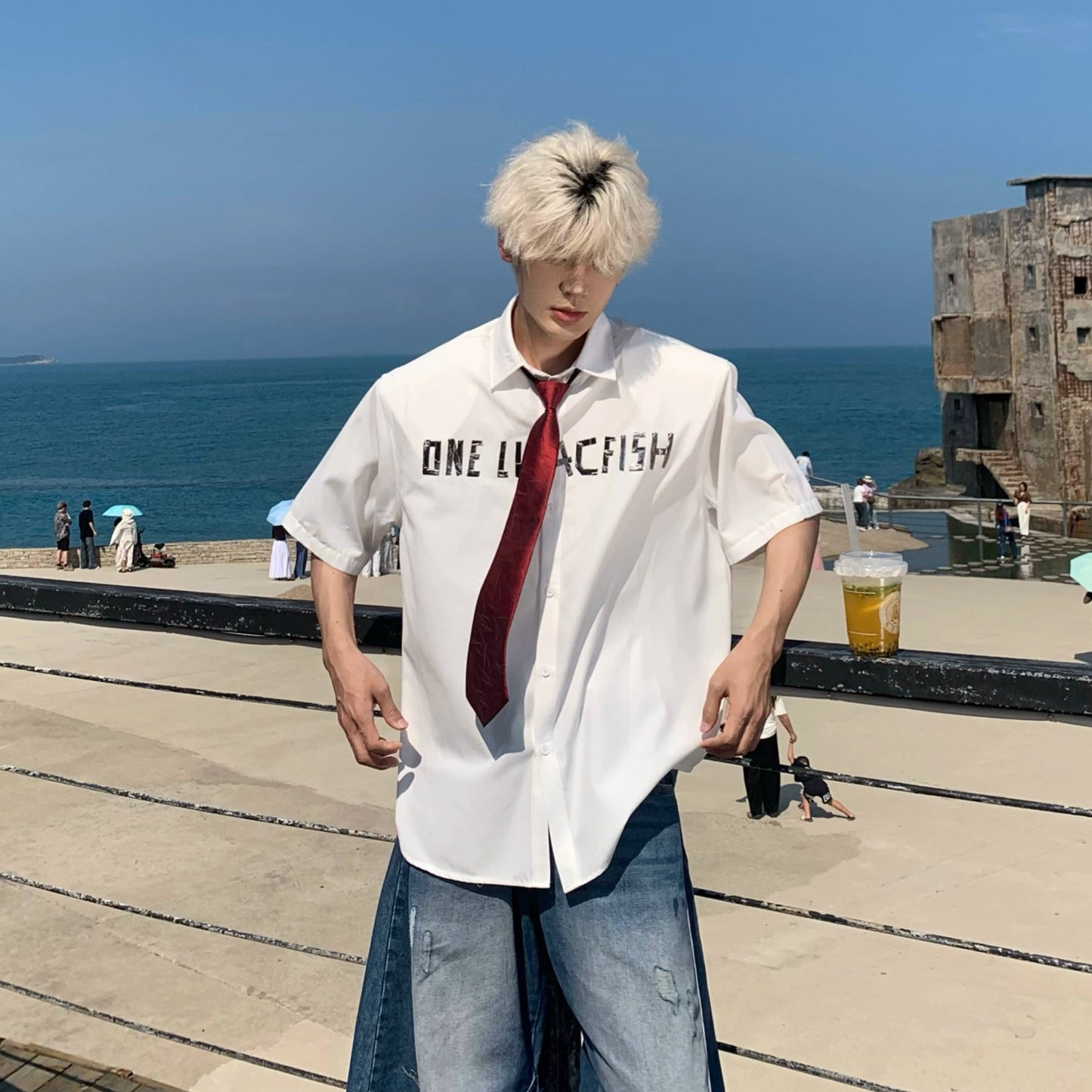 Letter Print Oversize Short Sleeve Shirt WN19918