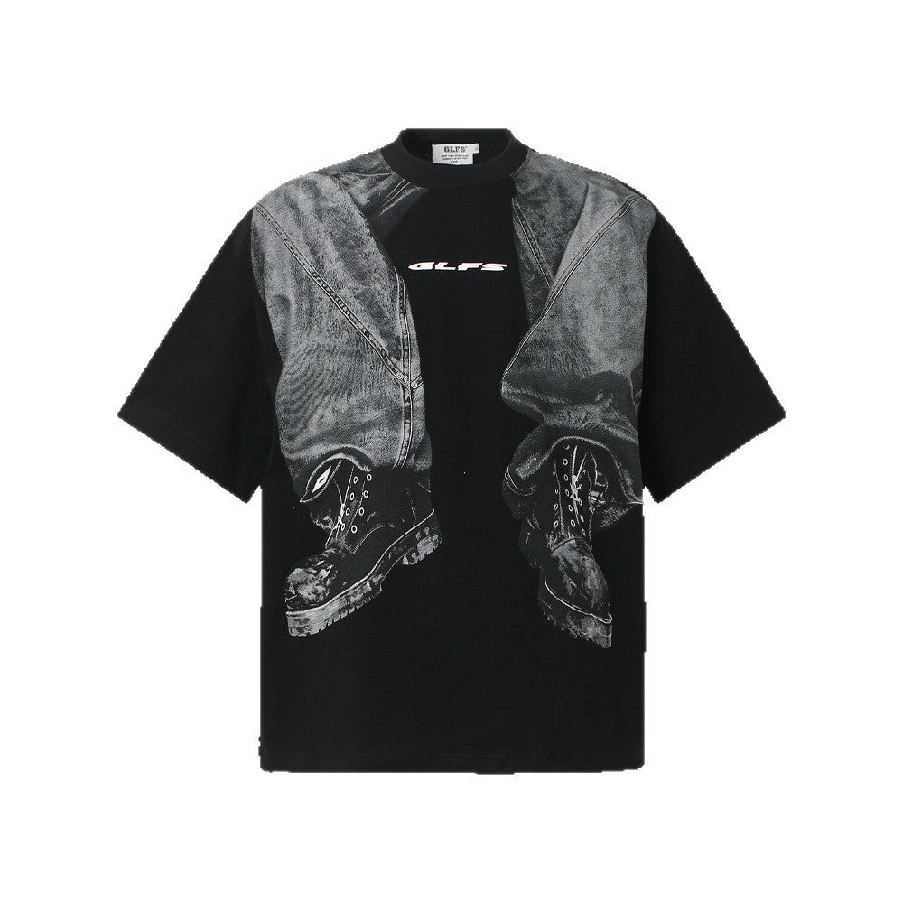 Denim Trompe-l'œil Print Cotton Short Sleeve T-Shirt WN26561