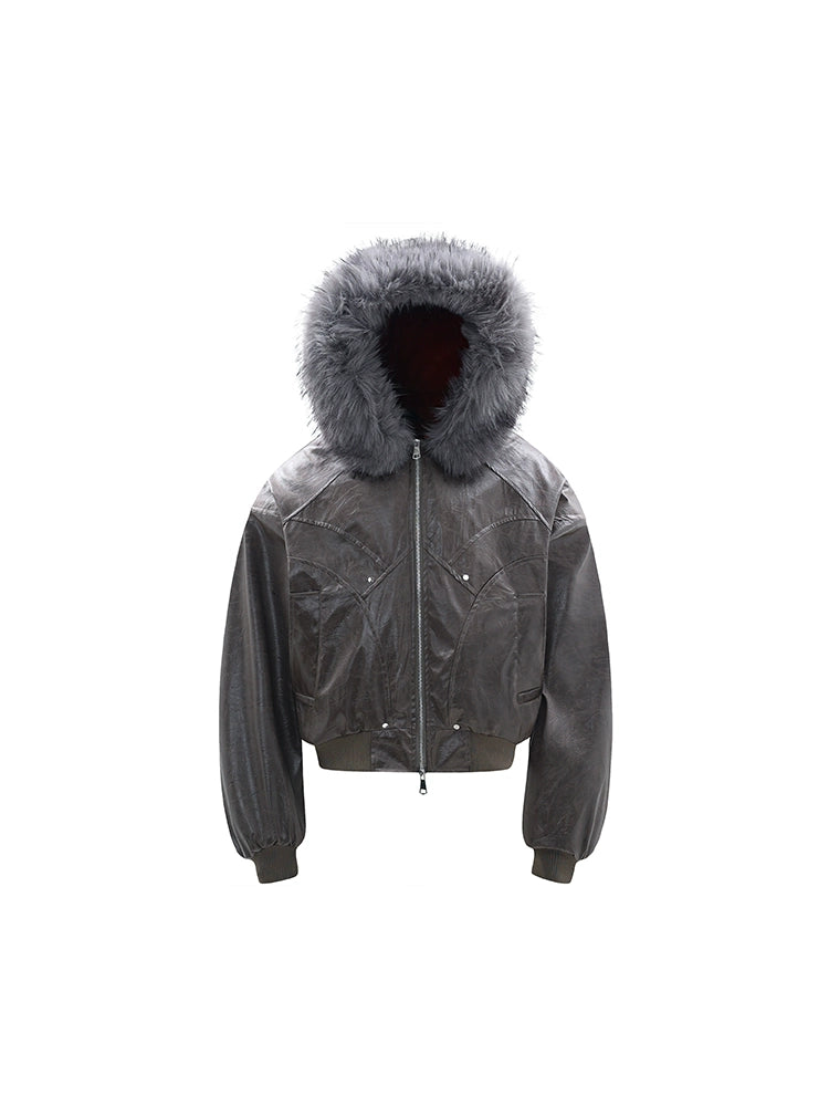 Hooded Matte PU Leather Fake Fur-Collar Jacket WN22220