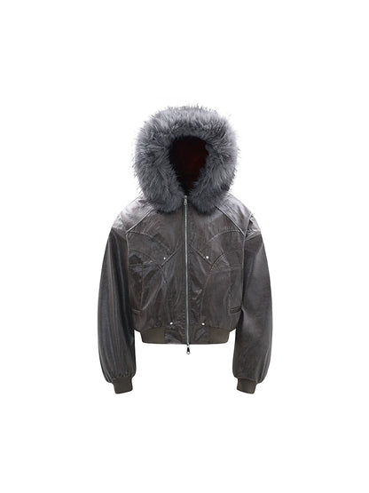 Hooded Matte PU Leather Fake Fur-Collar Jacket WN22220