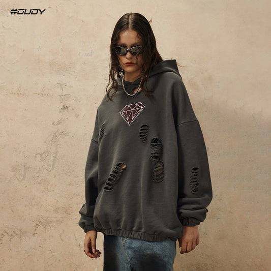 Handcrafted Damage Oversize Pullover Hoodie WN12329