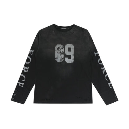 Washed Number Print Damage Long Sleeve T-Shirt WN25386