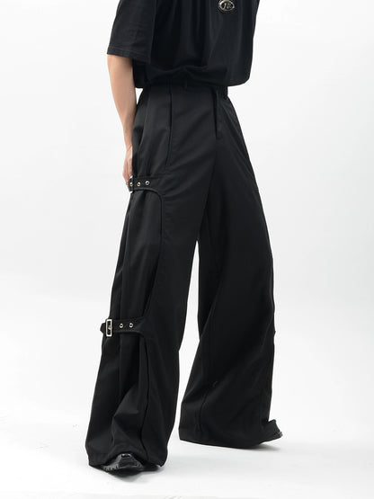 Metal Buckle Design Wide Leg Straight Trousers WN6110