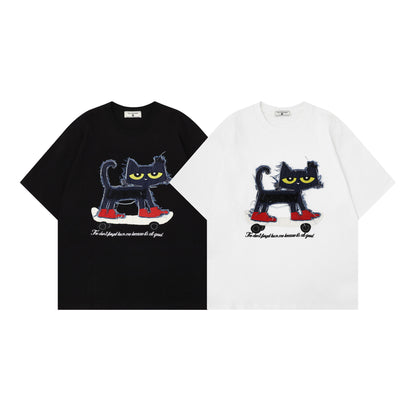 Cat Applique Embroidery Short Sleeve T-Shirt WN25665