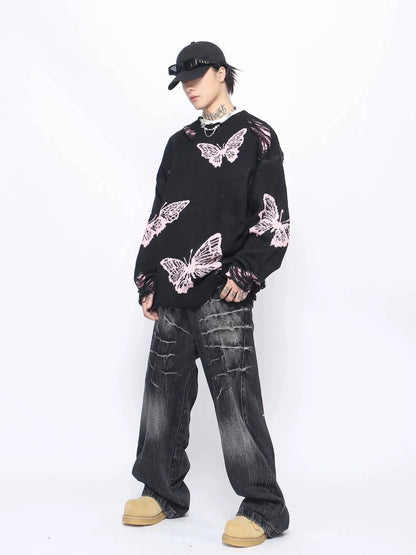 Butterfly Damage Oversize Knit Sweater WN10901