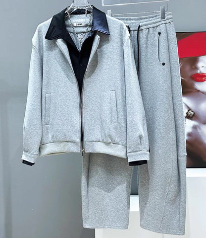 Heavyweight Fake Layered Patchwork Jacket & Wide-Leg Sweatpants Setup WN23959