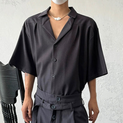Cuban Collar Pleats Structured Short Sleeve Shirt WN19989