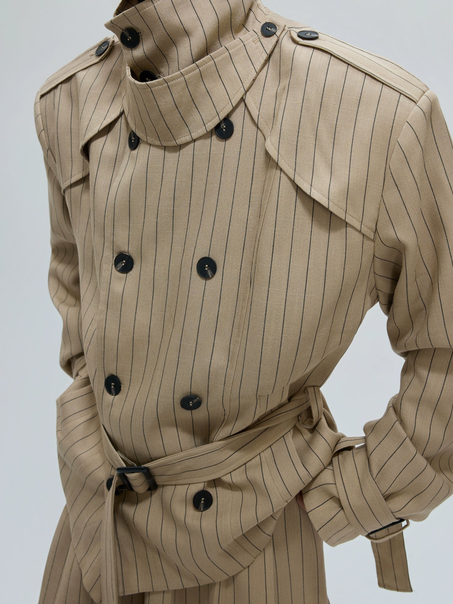 Stripe Multi-Panel Shoulder-Pad Belted Jacket & Trousers Setup WN21729
