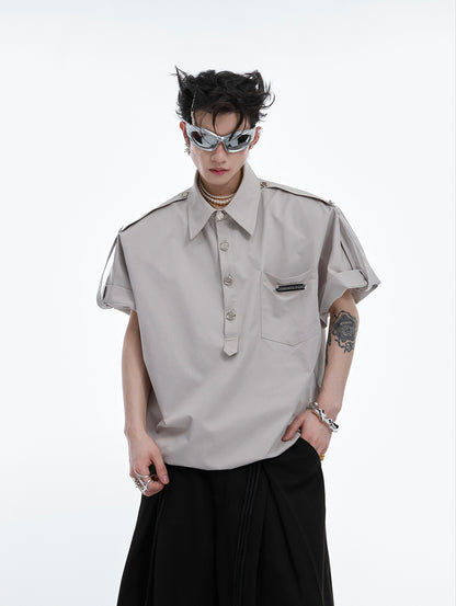 Metal Button Shoulder Pad Short Sleeve Shirt WN6513