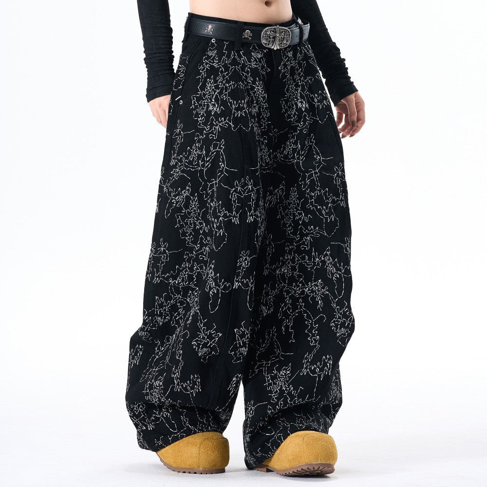 All-Over Embroidery Washed Wide Leg Denim Jeans WN27835