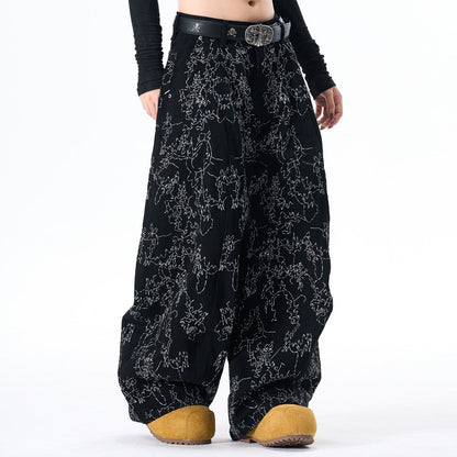 All-Over Embroidery Washed Wide Leg Denim Jeans WN27835