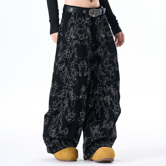 All-Over Embroidery Washed Wide Leg Denim Jeans WN27835