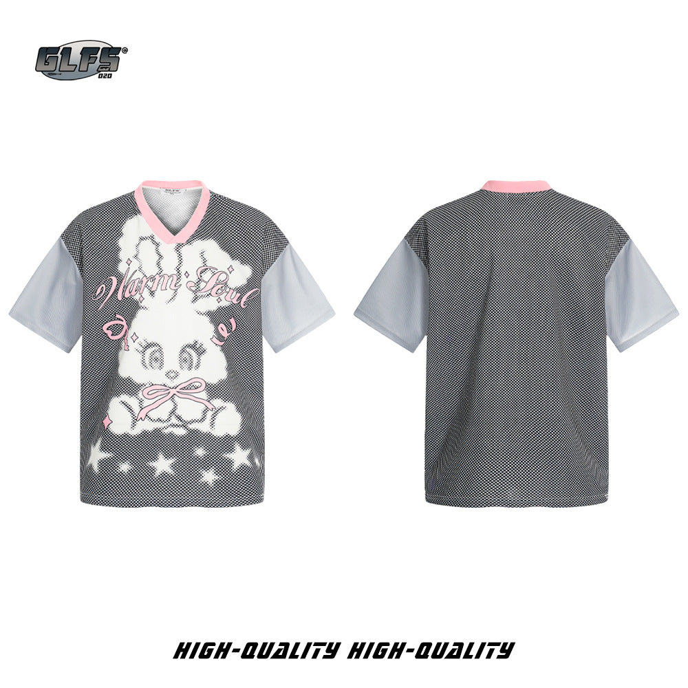 V-Neck Cartoon Rabbit Letter Print T-Shirt WN26602