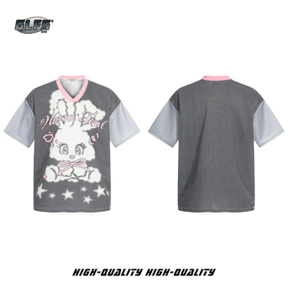V-Neck Cartoon Rabbit Letter Print T-Shirt WN26602