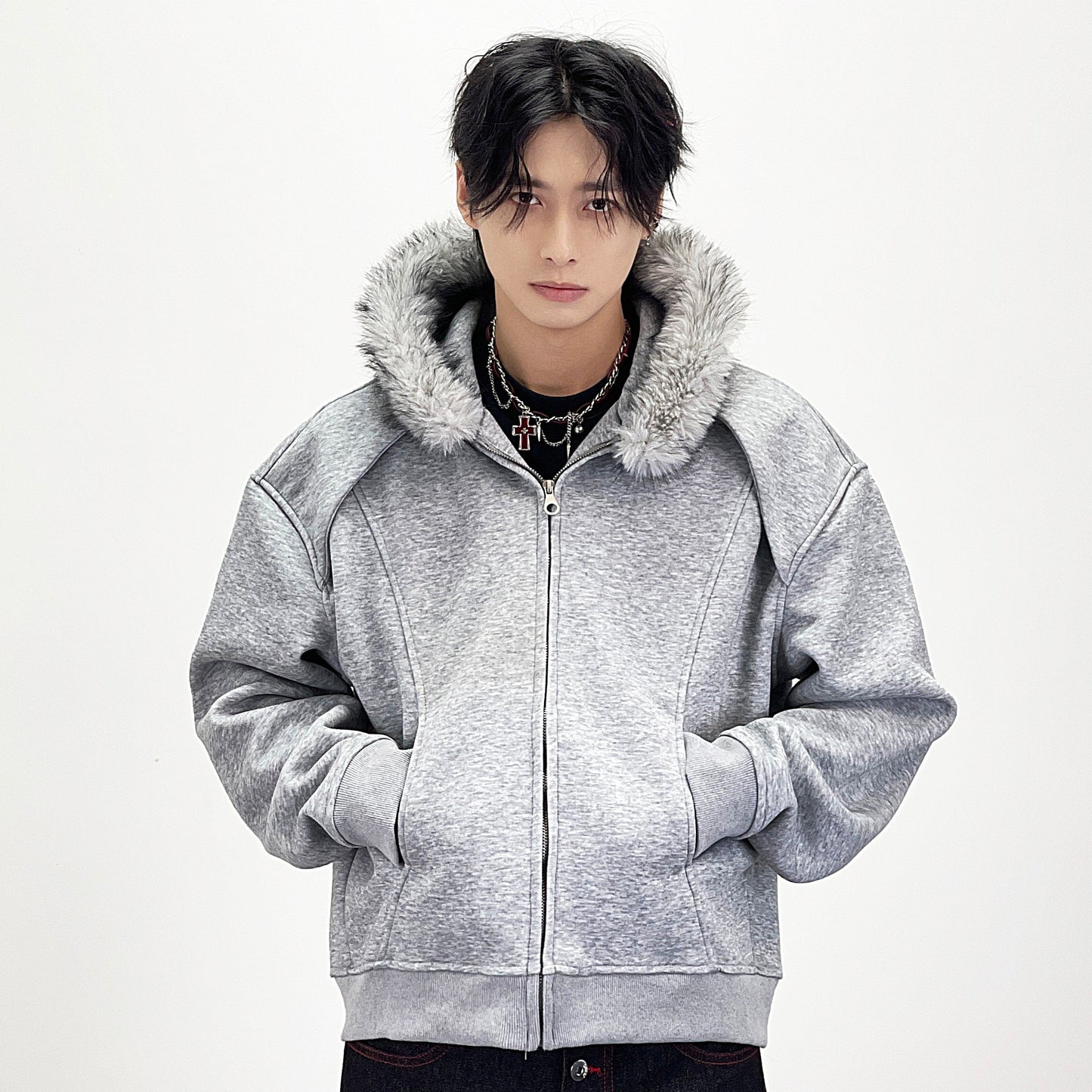 Fake Fur Collar Deconstructed Short Length Oversize Zipper Hoodie WN24239