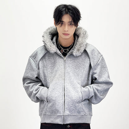 Fake Fur Collar Deconstructed Short Length Oversize Zipper Hoodie WN24239