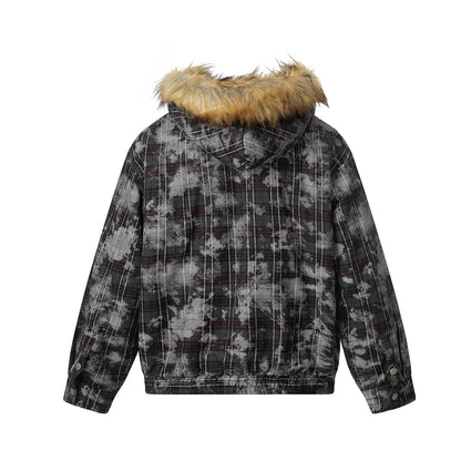 Fake Fur Collar Lamb Fleece Plaid Puffer Jacket WN21884