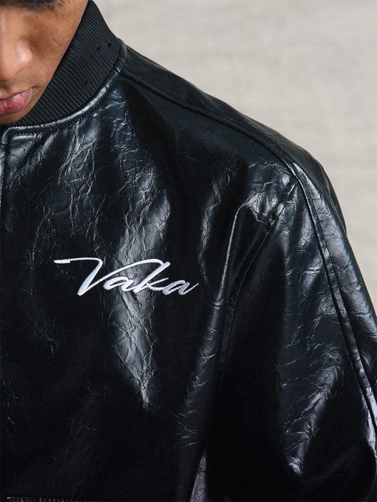 Wrinkle Texture Embroidery PU Leather Jacket WN20977