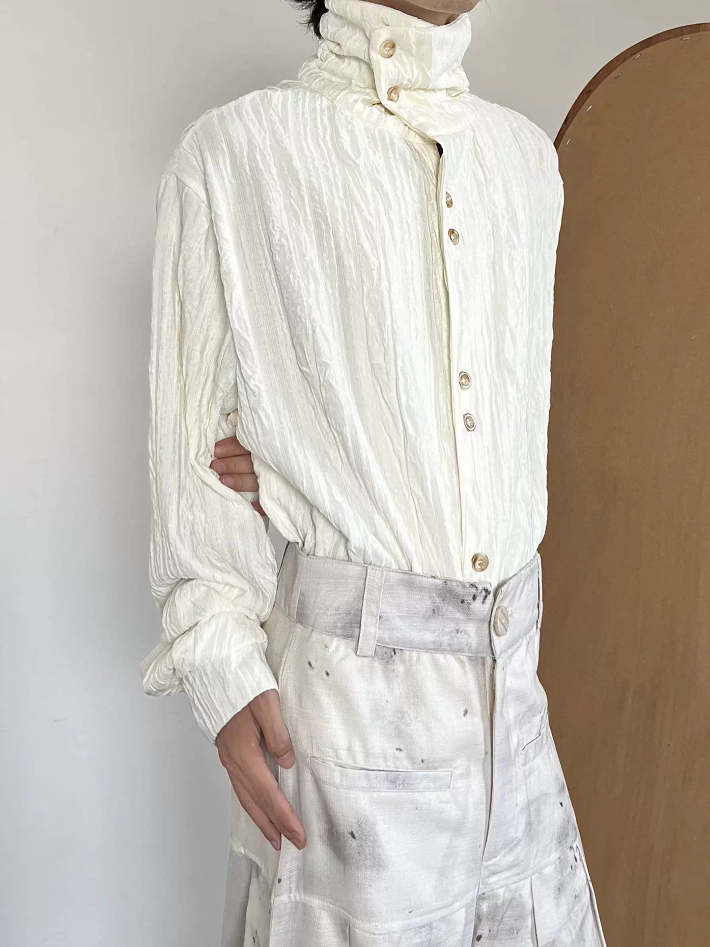 Texture Pleats High-Neck Long Sleeve Shirt WN20034