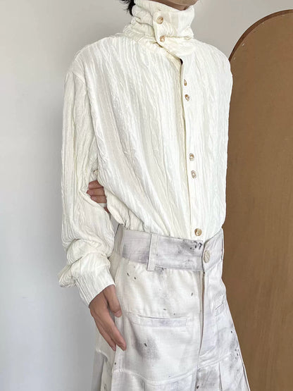 Texture Pleats High-Neck Long Sleeve Shirt WN20034