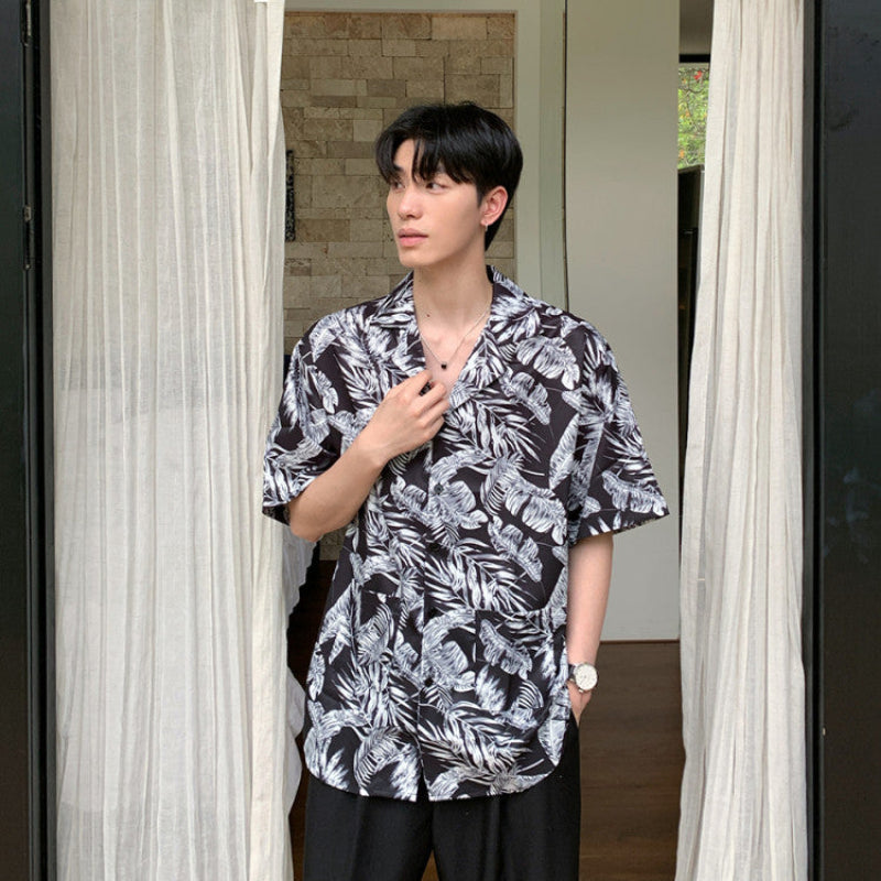 Leaf Print Open Collar Short Sleeve Shirt WN24882