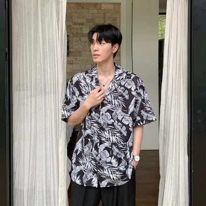 Leaf Print Open Collar Short Sleeve Shirt WN24882