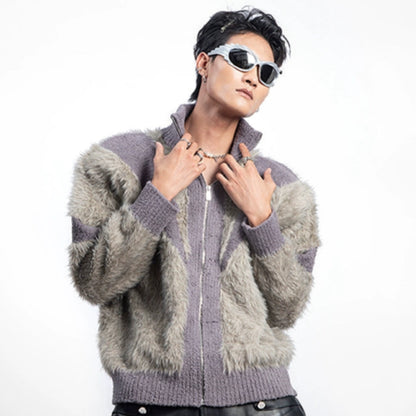 Fuzzy Patchwork Stand Neck Knit Cardigan WN20629