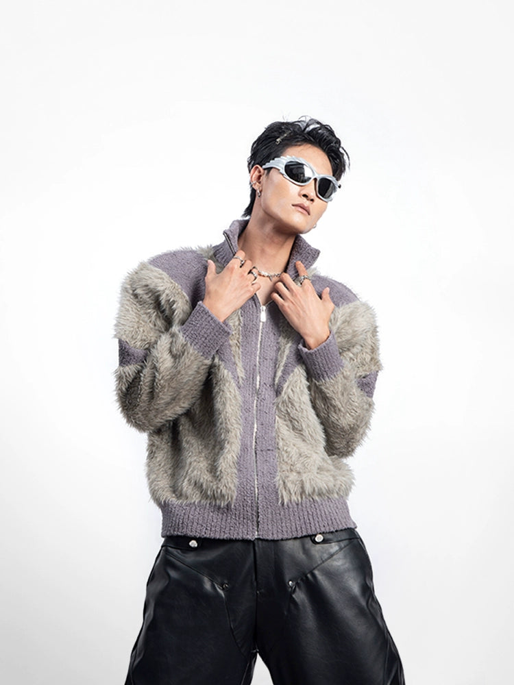 Fuzzy Patchwork Stand Neck Knit Cardigan WN20629