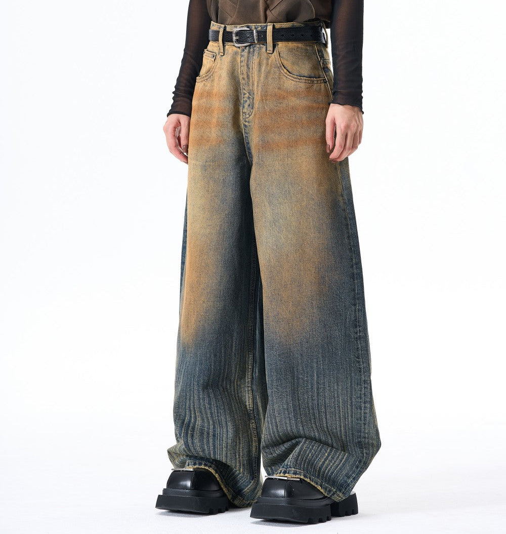 Mud Dye Washed Whisker Wide Leg Denim Jeans WN27904