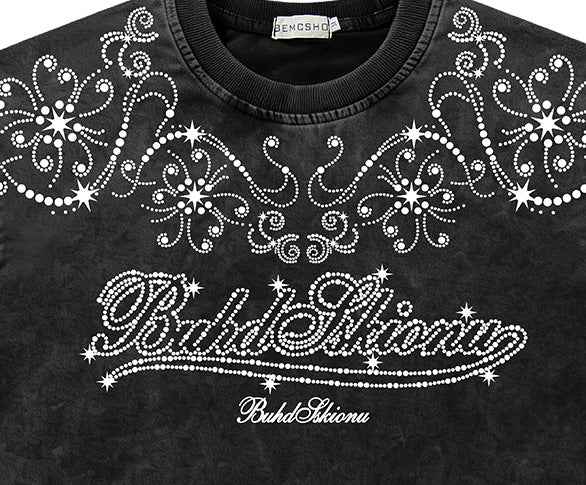 Washed Rhinestone Ornament Short Sleeve T-Shirt WN26746