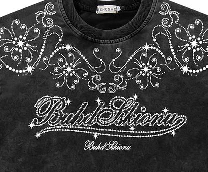 Washed Rhinestone Ornament Short Sleeve T-Shirt WN26746