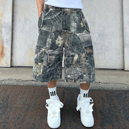 Camouflage Multi Pocket Wide Leg Half Cargo Pants WN24049