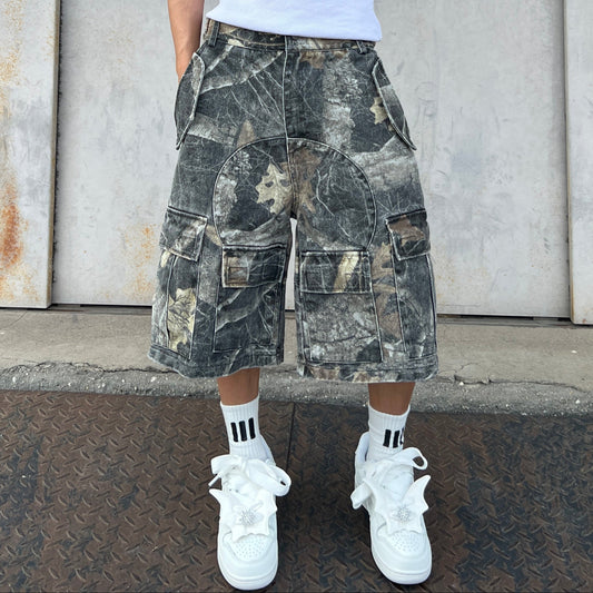 Camouflage Multi Pocket Wide Leg Half Cargo Pants WN24049