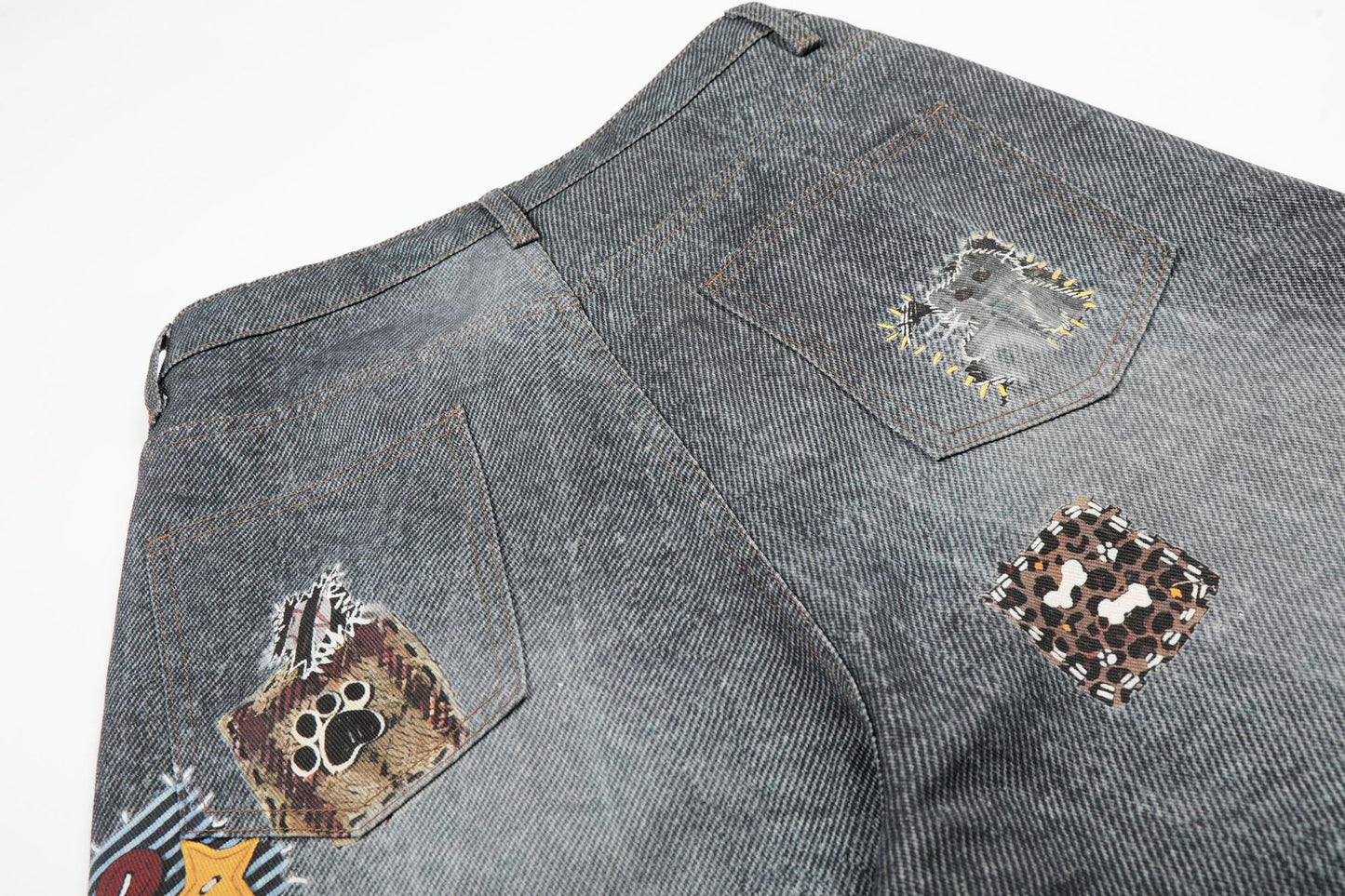 Applique Patchwork Wide Leg Half Denim Pants WN25625