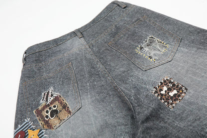 Applique Patchwork Wide Leg Half Denim Pants WN25625