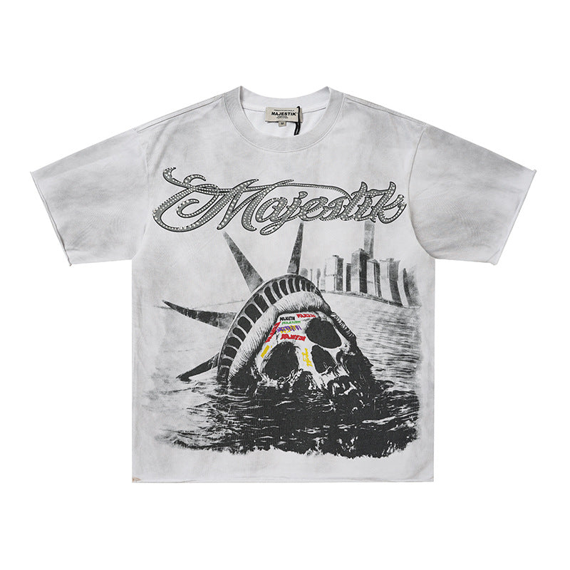Washed Letter Skull Graphic Short Sleeve T-Shirt WN28103