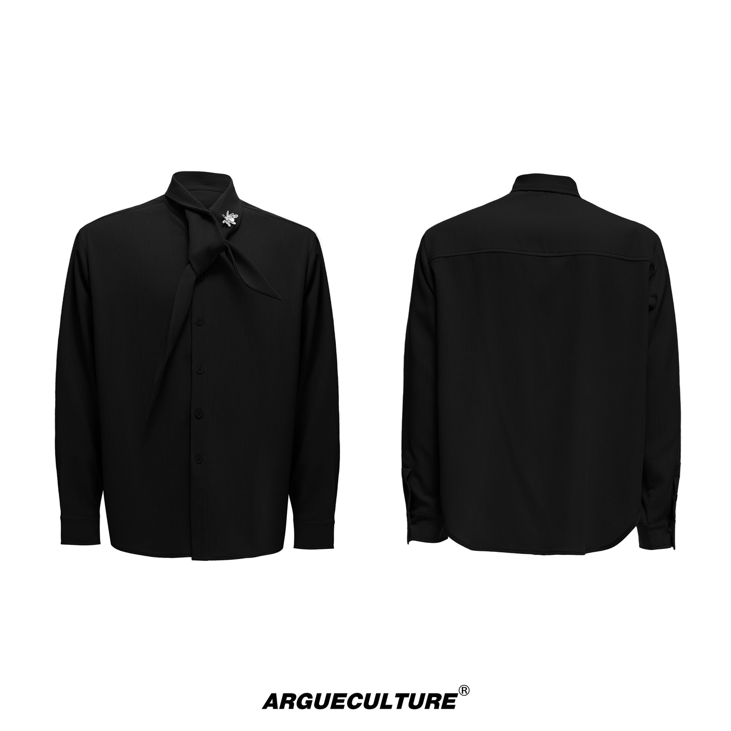 Ribbon Tie Shoulder-Pad Long Sleeve Shirt & Wide Leg Pants Setup WN20528