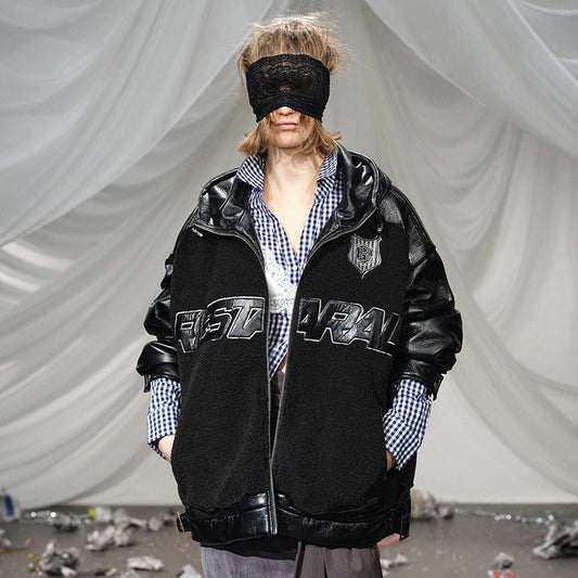 Lamb Fleece Splicing PU Leather Jacket WN21923