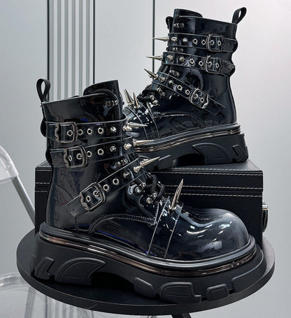 Patent Strap Buckle Spike Platform Boots WN24726